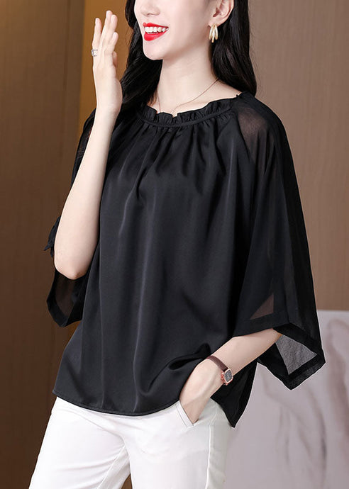 Classy Black Ruffled Patchwork Chiffon Shirts Bracelet Sleeve