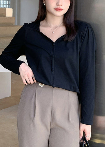 Classy Black Square Collar Button Cotton Shirt Fall