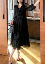 Load image into Gallery viewer, Classy Black V Neck Patchwork Tunic Button Solid Vacation Maxi Dresses Long Sleeve