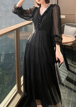 Load image into Gallery viewer, Classy Black V Neck Patchwork Tunic Button Solid Vacation Maxi Dresses Long Sleeve