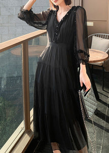 Classy Black V Neck Patchwork Tunic Button Solid Vacation Maxi Dresses Long Sleeve