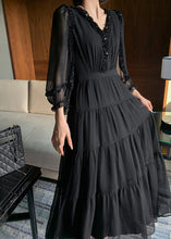 Load image into Gallery viewer, Classy Black V Neck Patchwork Tunic Button Solid Vacation Maxi Dresses Long Sleeve