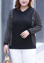 Load image into Gallery viewer, Classy Black V Neck Striped Patchwork Cotton T Shirt Fall