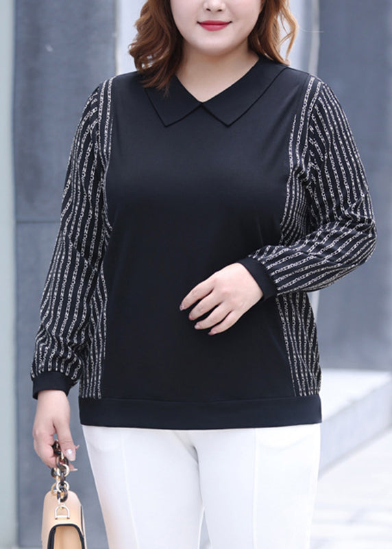 Classy Black V Neck Striped Patchwork Cotton T Shirt Fall