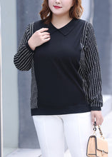 Load image into Gallery viewer, Classy Black V Neck Striped Patchwork Cotton T Shirt Fall