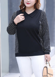 Classy Black V Neck Striped Patchwork Cotton T Shirt Fall