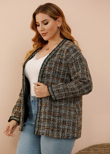 Classy Black V Neck Striped Plaid Woolen Coats Long Sleeve