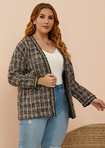 Classy Black V Neck Striped Plaid Woolen Coats Long Sleeve