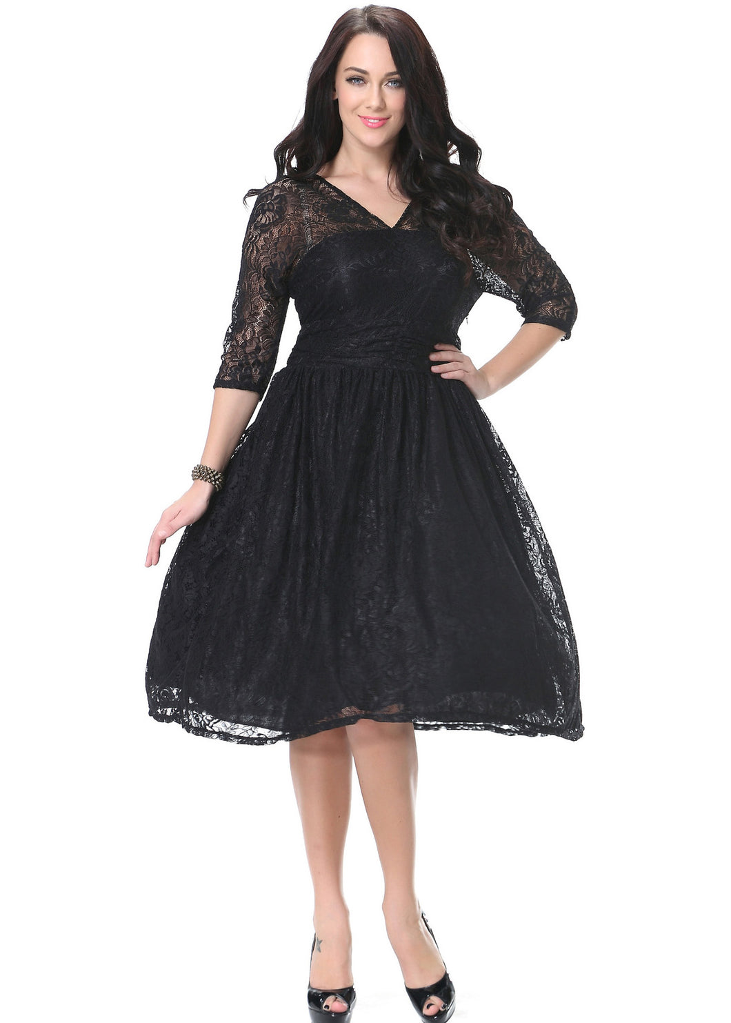 Classy Black V Neck Wrinkled Party Lace Long Dress Summer