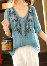 Load image into Gallery viewer, Classy Blue Embroideried Nail Bead Linen Blouse Two Piece Set Summer