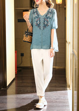 Load image into Gallery viewer, Classy Blue Embroideried Nail Bead Linen Blouse Two Piece Set Summer