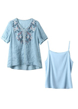 Load image into Gallery viewer, Classy Blue Embroideried Nail Bead Linen Blouse Two Piece Set Summer