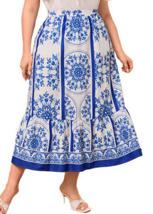 Classy Blue Print Ruffled Patchwork Cotton Skirt Summer