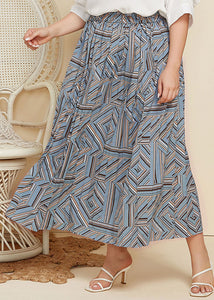 Classy Blue Print Wrinkled Patchwork Cotton Skirt Summer