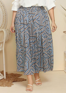 Classy Blue Print Wrinkled Patchwork Cotton Skirt Summer