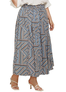 Classy Blue Print Wrinkled Patchwork Cotton Skirt Summer