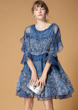 Load image into Gallery viewer, Classy Blue Sequins Velour Patchwork Tulle Day Dress Half Sleeve