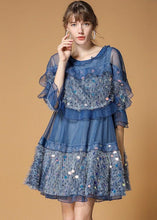 Load image into Gallery viewer, Classy Blue Sequins Velour Patchwork Tulle Day Dress Half Sleeve