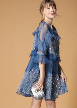 Load image into Gallery viewer, Classy Blue Sequins Velour Patchwork Tulle Day Dress Half Sleeve