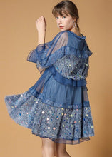 Load image into Gallery viewer, Classy Blue Sequins Velour Patchwork Tulle Day Dress Half Sleeve