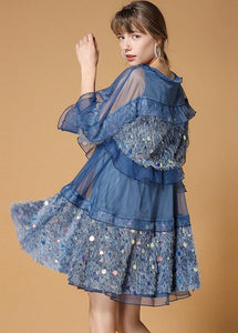 Classy Blue Sequins Velour Patchwork Tulle Day Dress Half Sleeve