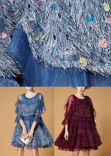 Load image into Gallery viewer, Classy Blue Sequins Velour Patchwork Tulle Day Dress Half Sleeve