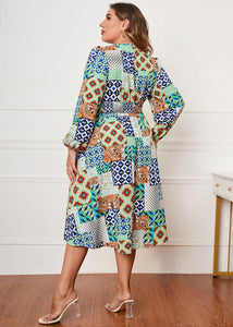 Classy Colorblock V Neck Print Patchwork Chiffon Dress Fall