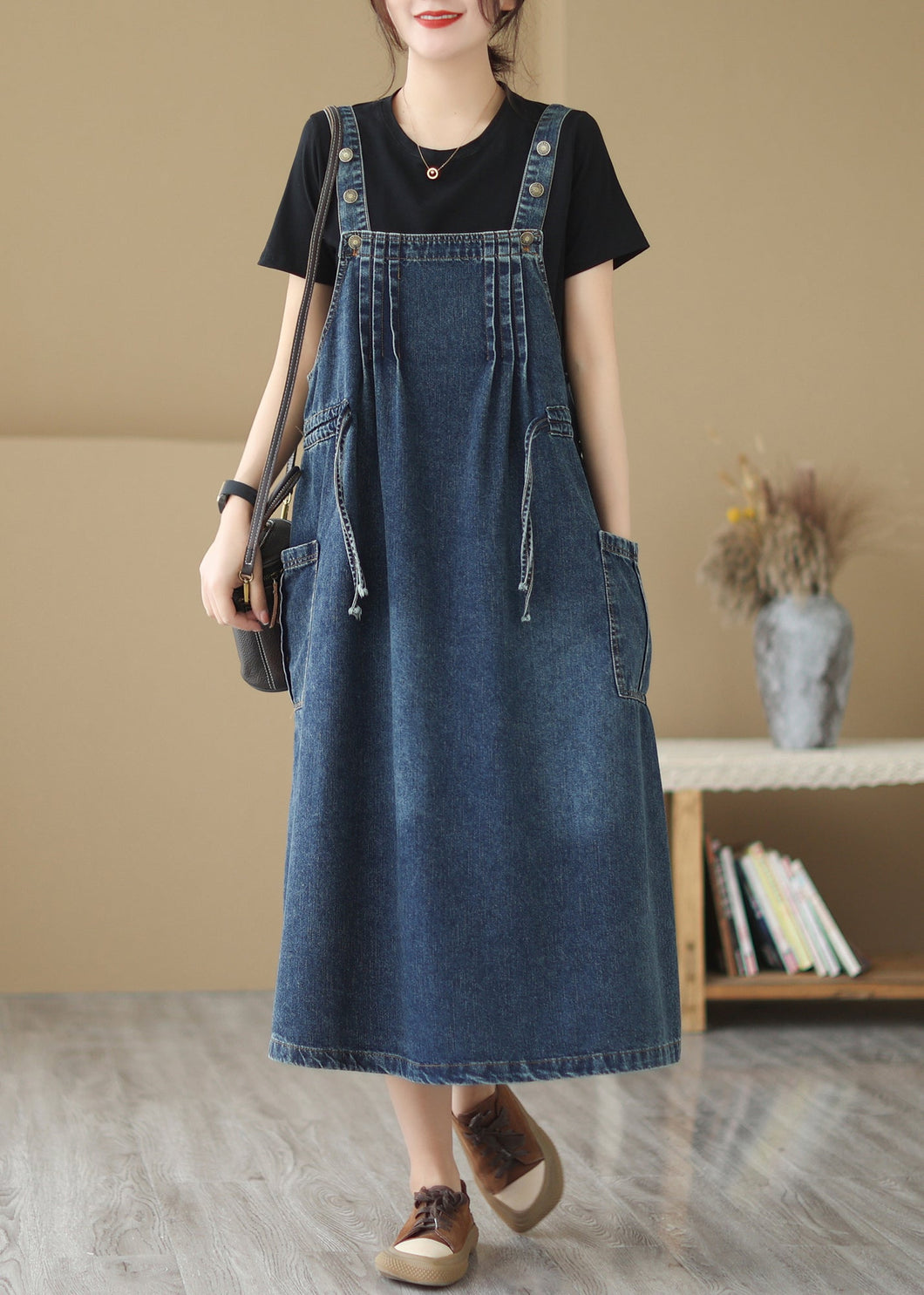 Classy Denim Blue Oversized Wrinkled Wrinkled Strap Dresses Summer