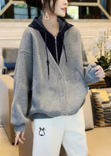 Load image into Gallery viewer, Classy Grey Patchwork Zippered Drawstring Sweatshirts Fall