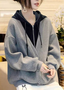 Classy Grey Patchwork Zippered Drawstring Sweatshirts Fall