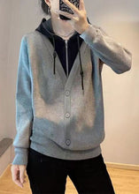 Load image into Gallery viewer, Classy Grey Patchwork Zippered Drawstring Sweatshirts Fall