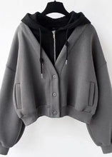 Load image into Gallery viewer, Classy Grey Patchwork Zippered Drawstring Sweatshirts Fall