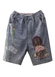 Classy Grey Print Embroideried Elastic Waist Straight Shorts Summer