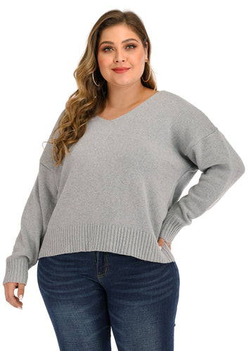 Classy Grey V Neck Thick Knit Sweaters Long Sleeve