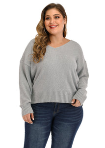 Classy Grey V Neck Thick Knit Sweaters Long Sleeve