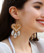 Load image into Gallery viewer, Classy Khaki Cotton Thread Shell Love Tassel Drop Earrings