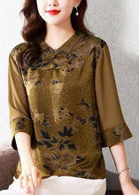 Load image into Gallery viewer, Classy Khaki Stand Collar Print Patchwork Silk Top Half sleeve