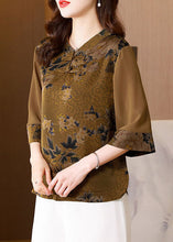 Load image into Gallery viewer, Classy Khaki Stand Collar Print Patchwork Silk Top Half sleeve