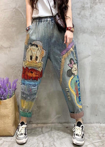 Classy Light Blue Print Patchwork Crop Jeans Summer