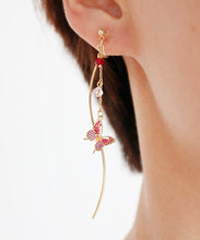 Load image into Gallery viewer, Classy Pink Butterfly And Line Copper Gem Stone Drop Earrings