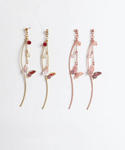 Load image into Gallery viewer, Classy Pink Butterfly And Line Copper Gem Stone Drop Earrings