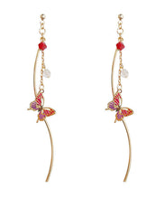 Load image into Gallery viewer, Classy Pink Butterfly And Line Copper Gem Stone Drop Earrings