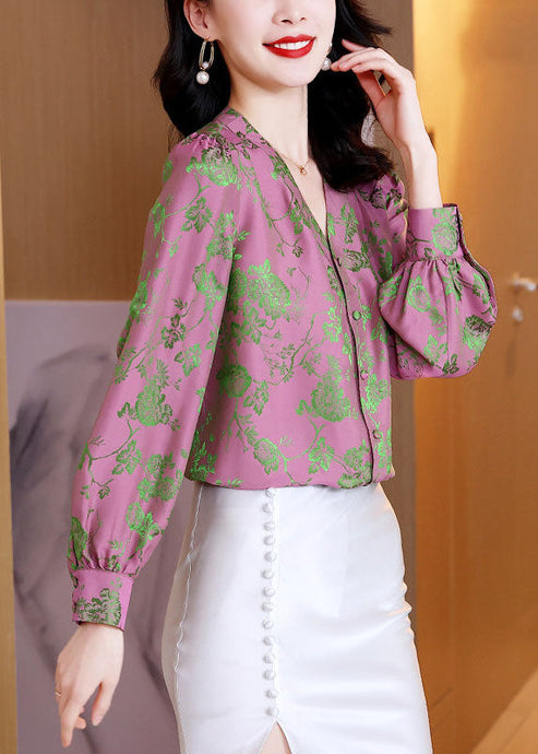 Classy Pink Button V Neck Jacquard Silk Shirt Long Sleeve