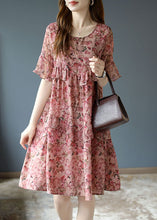 Load image into Gallery viewer, Classy Pink Cute O-Neck Ruffles Patchwork Print Silk Dresses Petal Sleeve