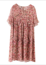 Load image into Gallery viewer, Classy Pink Cute O-Neck Ruffles Patchwork Print Silk Dresses Petal Sleeve