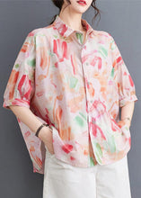 Load image into Gallery viewer, Classy Pink Peter Pan Collar Print Patchwork Cotton Shirts Summer