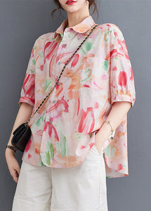 Classy Pink Peter Pan Collar Print Patchwork Cotton Shirts Summer