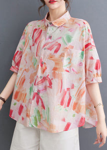 Classy Pink Peter Pan Collar Print Patchwork Cotton Shirts Summer