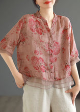 Load image into Gallery viewer, Classy Pink Print Button Patchwork Linen Shirts Top Summer