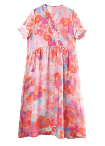 Classy Pink Print V Neck Party Summer Linen Dress